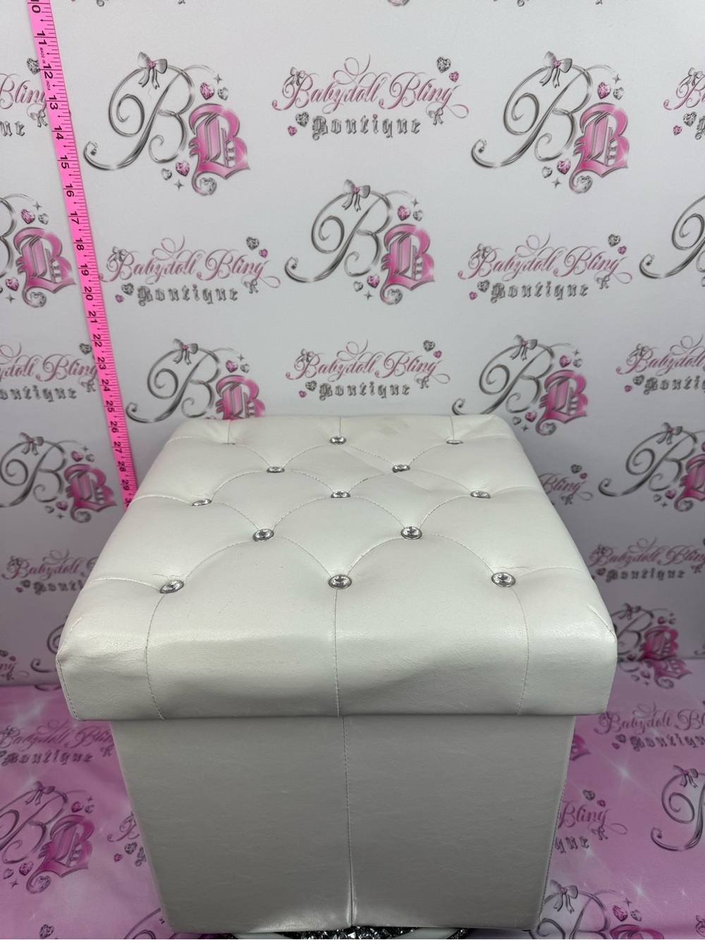Bouclair storage Elegant White Tufted Storage Ottoman with Crystal Buttons  bin